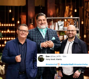 Three judges from a cooking show standing and smiling, with a tweet overlayed related to irony and hashtags.