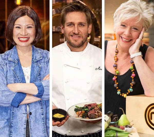 Three people smiling: a woman in a denim jacket, a man in a chef coat holding a dish, and a woman in a black top.