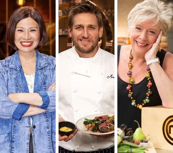 Three people smiling: a woman in a denim jacket, a man in a chef coat holding a dish, and a woman in a black top.