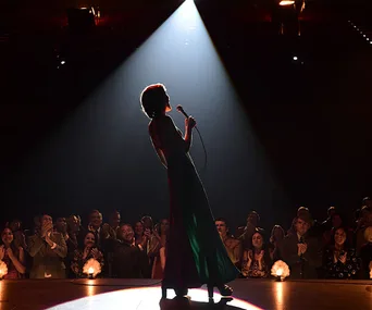 Singer silhouetted on stage under spotlight, holding a microphone, with audience clapping in the background.