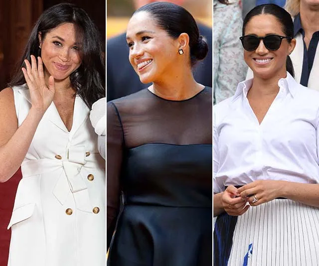 Three images of a woman in different stylish outfits: white dress, black sheer top, white shirt with sunglasses.