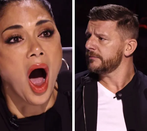 Split image of two people reacting; one with an open mouth, the other looking sideways with a surprised expression.