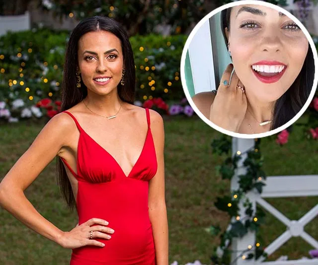 Cassandra Mamone in red dress, smiling outdoors, with inset showing her jewelry details.