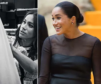 Meghan Markle in black and white designing clothes and smiling at an event in a sheer black dress.