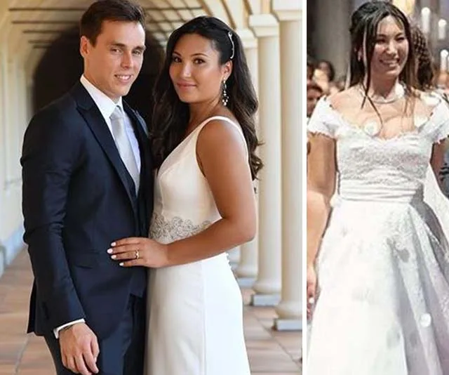 A couple poses in formal attire, and a woman in a wedding gown smiles while walking.