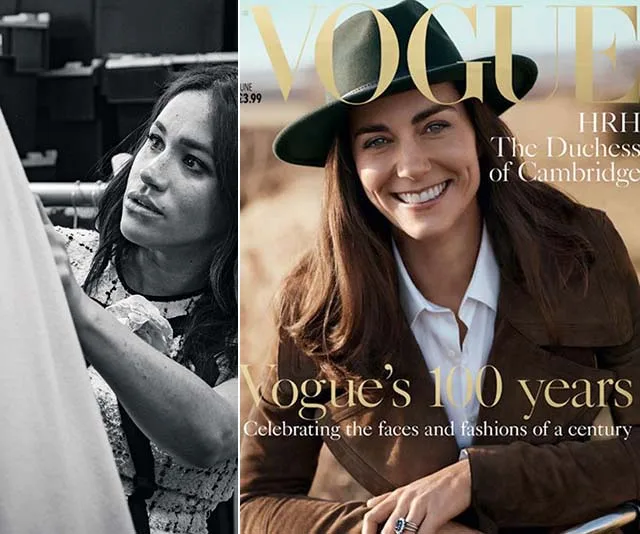 "Black and white photo of a woman sewing; magazine cover shows a smiling woman in a hat, celebrating Vogue's 100 years."
