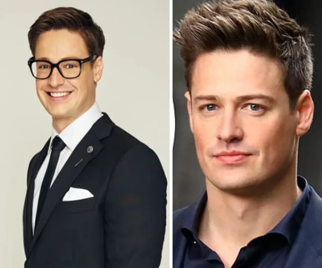 Two side-by-side images of a man, showing a transformation in hairstyle and attire; one in glasses, the other without.