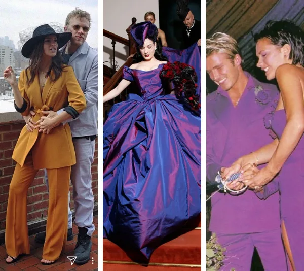 Couples in bold fashion: yellow suit, blue gown with purple accents, matching purple outfits.