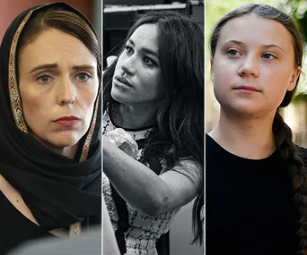 Three women in thoughtful poses; left wears a headscarf, center has dark hair, right has a braid.