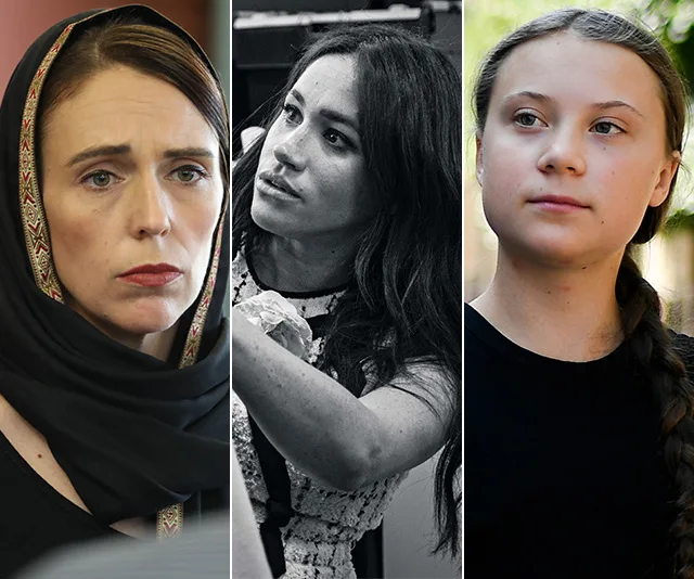 Three women in thoughtful poses; left wears a headscarf, center has dark hair, right has a braid.