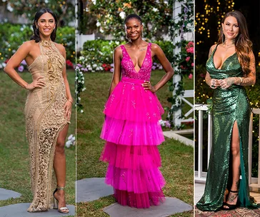 Women from "Bachelor Australia 2019" cast in glamorous evening gowns, posing outdoors in a garden setting.