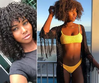 Vakoo Kauapirura from The Bachelor 2019 in a yellow bikini and black cover-up by the beach.