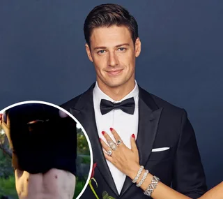 Man in a tuxedo with a bow tie, woman's hand adorned with jewelry rests on his chest, inset shows a cropped shirtless torso.