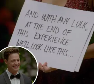 A woman holds a sign saying, "And with any luck, at the end of this experience we'll look like this." A man smiles in an inset.