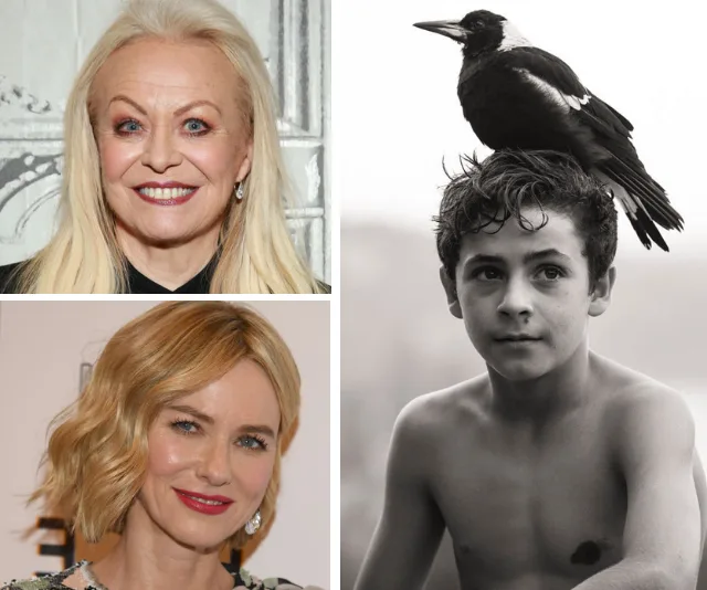 Three images: an older woman smiling, a woman with short hair smiling, and a shirtless boy with a magpie on his head.