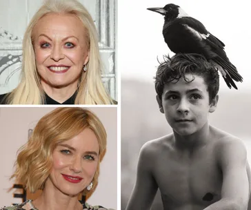 Three images: an older woman smiling, a woman with short hair smiling, and a shirtless boy with a magpie on his head.