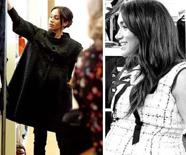 Meghan Markle visits Smart Works, wearing a dark coat and a checkered dress, interacting with the clothing selection.