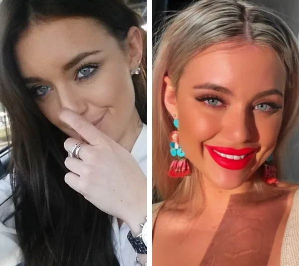 Side-by-side images of the same woman with different hair colors and makeup styles.