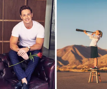 Man smiling on a sofa with a rose, and a child standing on a stool looking through a telescope at the mountains.