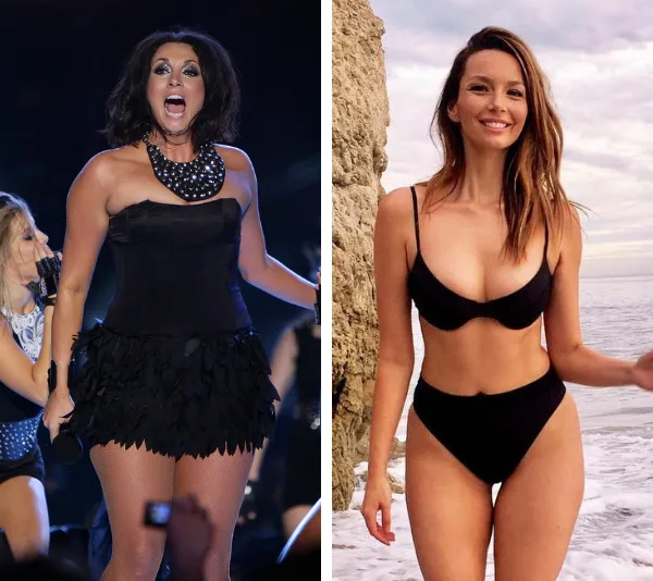 Ricki-Lee Coulter before and after weight loss: on stage performance and beachside in a black bikini.