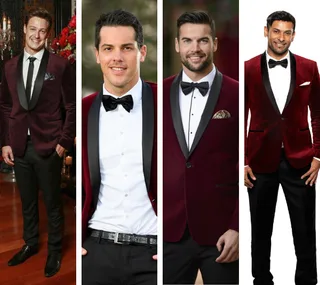 Men wearing maroon blazers with black lapels and bow ties, standing and smiling.