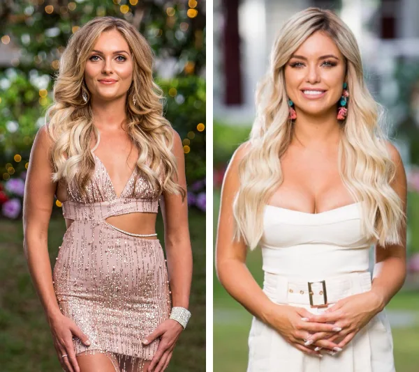 Two women with long blonde hair. One in a sparkly dress, the other in a white outfit, standing outdoors.