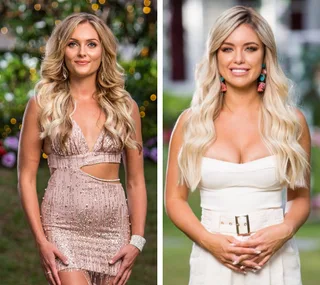 Two women with long blonde hair. One in a sparkly dress, the other in a white outfit, standing outdoors.