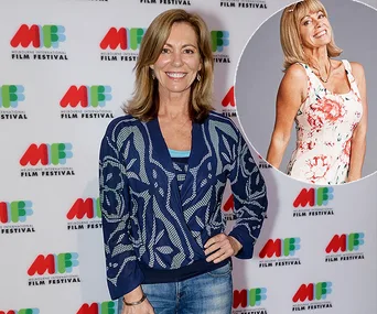 Woman smiling at Melbourne International Film Festival backdrop, inset of her in floral dress.