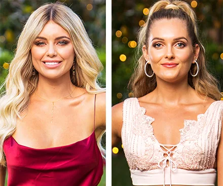 Two women from "The Bachelor," one in a red dress with wavy hair, the other in a white top with hoop earrings and a ponytail.