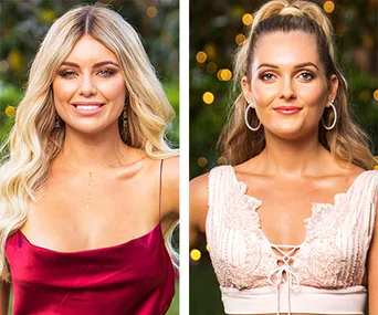 Two women from "The Bachelor," one in a red dress with wavy hair, the other in a white top with hoop earrings and a ponytail.