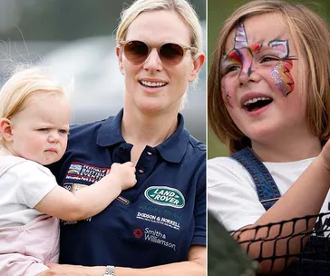 A woman in sunglasses holds a young child on the left; a child with face paint smiles on the right.