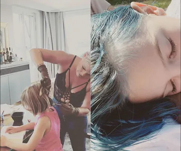 A woman dyes a child's hair blue in a home setting, with a close-up of the child's blue hair.