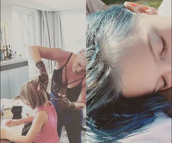 A woman dyes a child's hair blue in a home setting, with a close-up of the child's blue hair.