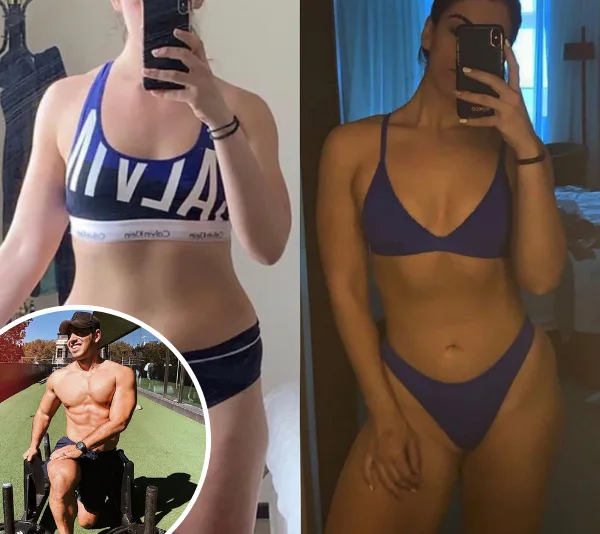 Women’s weight loss transformation, before and after photos in athletic wear; inset shows a muscular person outdoors.