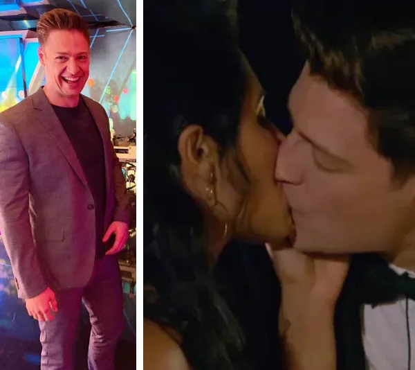 Man in a suit smiling on the left; a couple kissing on the right.