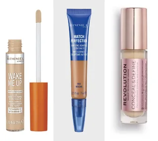 Three concealer products: Rimmel Wake Me Up, Rimmel Match Perfection, and Revolution Conceal & Define.