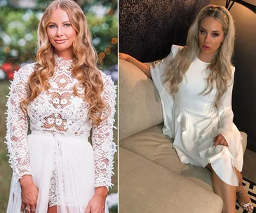 Two women in white outfits; one standing outdoors with long, wavy hair, the other sitting indoors with straight hair.