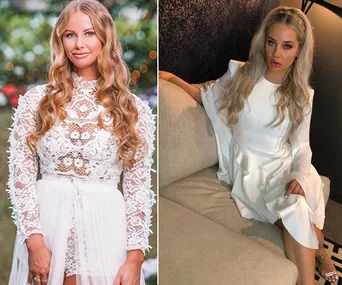 Two women in white outfits; one standing outdoors with long, wavy hair, the other sitting indoors with straight hair.