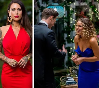 Two women in evening dresses; one in red posing confidently and another in blue laughing with a man in a suit.