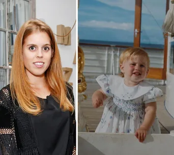 Adult and toddler in different photos, young woman with long hair on left, toddler in white dress on right, outdoors.