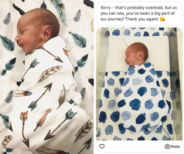Baby in NICU wrapped in two different blankets; left, arrows design; right, blue dots; accompanied by text message.
