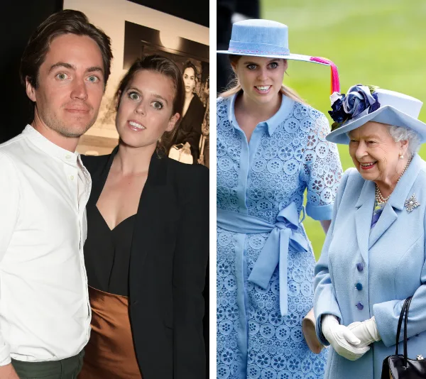 Couple posing at an event; woman in blue dress with elderly lady at outdoor event.