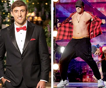 Man in tuxedo with red bow tie beside shirtless dancer on stage in plaid shirt, cap, and sunglasses.