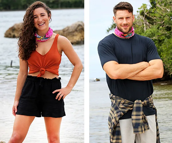 Two contestants from *Survivor*, wearing tribal buffs, pose confidently on a beach with a tropical background.