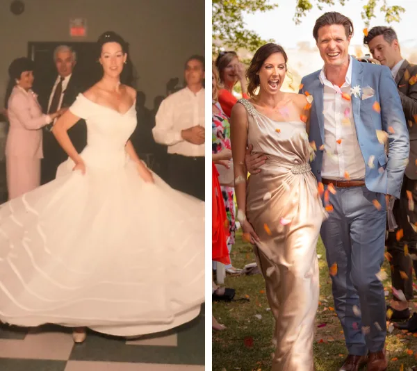 A bride in a vintage gown and a couple celebrating outdoors with confetti.