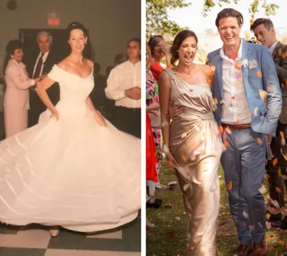 A bride in a vintage gown and a couple celebrating outdoors with confetti.