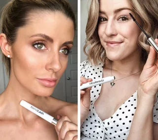 Two women showcasing XtendLash and MCoBeauty mascaras, with one applying mascara and both holding product tubes.