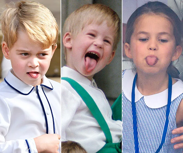 Children sticking out their tongues in a playful manner; three separate images side by side.