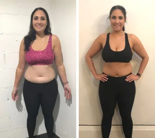 "Before and after photos of a woman showing weight loss progress in fitness attire."