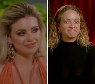 Two women from "The Bachelor Australia 2019" in different scenes, one smiling in orange and the other with a playful expression.